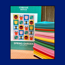 Load image into Gallery viewer, Corinne Sovey Spring Garden pattern with solid fabric bundle mirroring the pattern cover example pattern includes potted newly sprouted plants ladybugs bees tulips and four leaf clovers quilt cotton bright happy