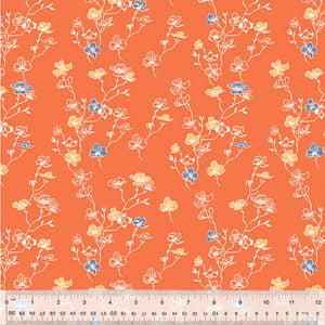 Poppy dogwood in the garden organic coral orange golden yellow and blue flower with white stems and leaves quilt weight cotton fabric Windham