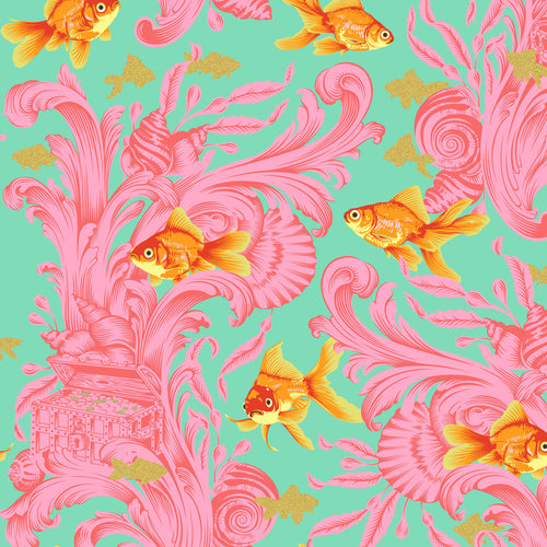 Tula Pink Besties Treading Water Blossom Freespirit Fabrics quilt weight cotton aqua background pink accents shells treasure chest fold orange and red goldfish