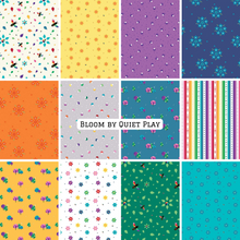 Load image into Gallery viewer, Bloom collection by Quiet Play Kristy Lea Riley Blake Designs garden flowers bees ladybugs mushrooms stripes cotton quilt fabric
