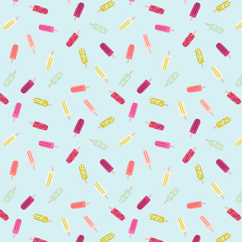 Cotton + Steel Ice Pops Lakeside Fabric light blue background with scattered mini popsicles hot pink lime green yellow and white quilts bags clothing