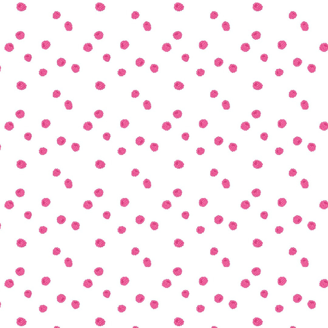 Cotton + Steel Crushed Berries Fabric white background with scattered hot pink raspberries quilts bags clothing