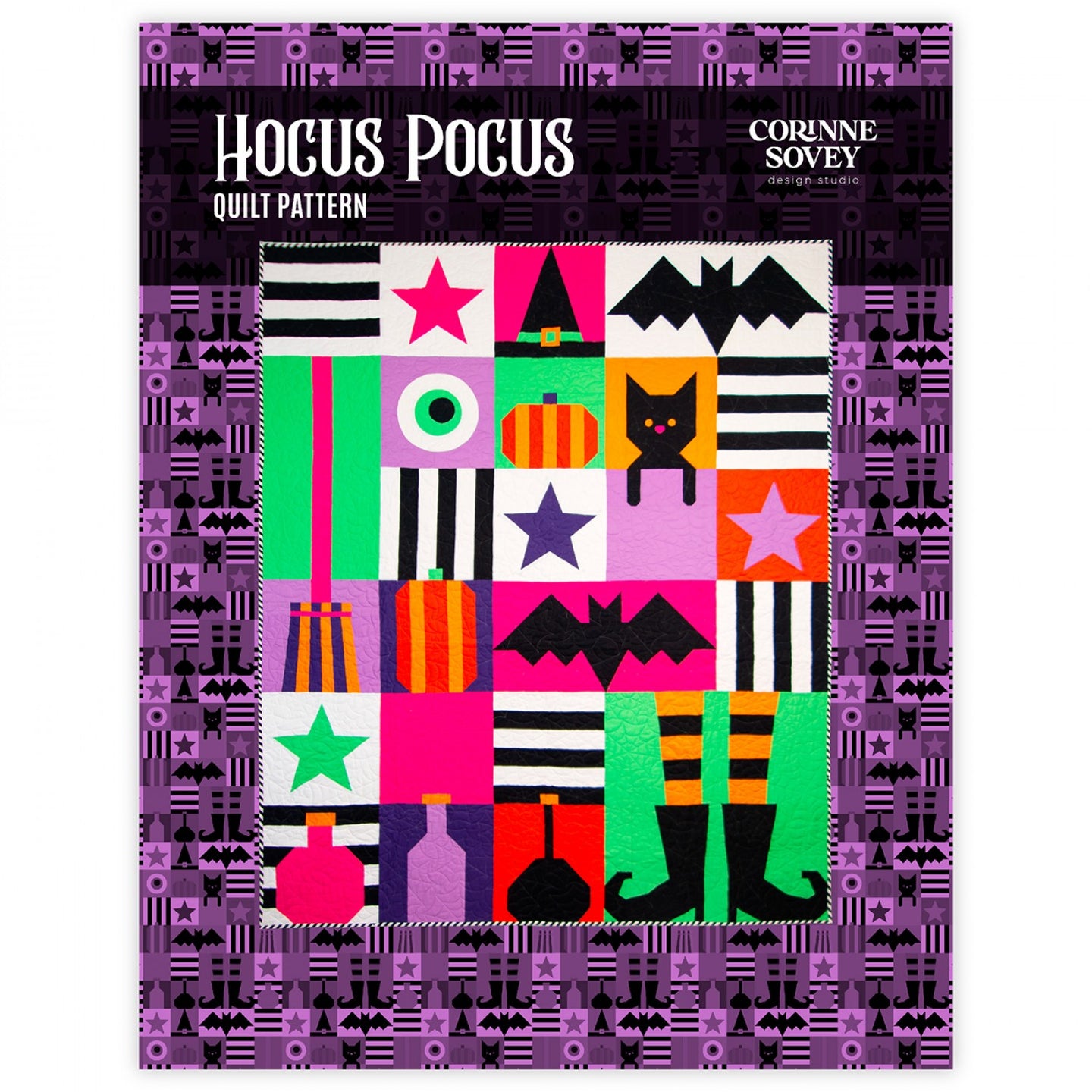 Corinne Sovey Hocus Pocus quilt pattern traditional piecing inset circles foundation paper piecing applique templates halloween witch broom bat boots potion tonic black cat