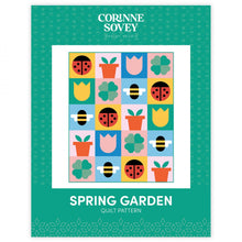 Load image into Gallery viewer, Spring Garden Quilt Pattern traditional curved templet piecing applique ladybugs tulips potted plants clovers bees fat quarter friendly modern happy