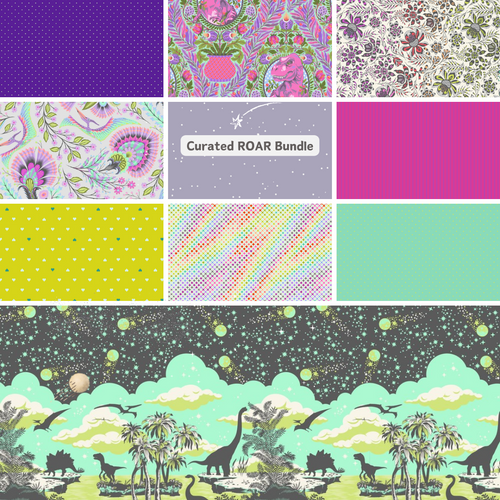 Curated fat quarter bundle Roar by Tula Pink with coordinates dinosaurs meteors modern floral tiny stripes polka dots hearts border print pink purple green rainbow quilting cotton Freespirit fabrics