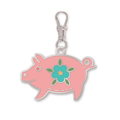 Lori Holt enamel happy charm pink pig with aqua blue and green flower for bags backpacks zipper Riley Blake Designs