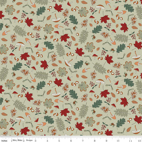 LIberty Woodland Walk Autumn Berries Forage C sage green background  forest floor rust maple leaves ferns pinecones various size mushrooms tossed quilt weight cotton 