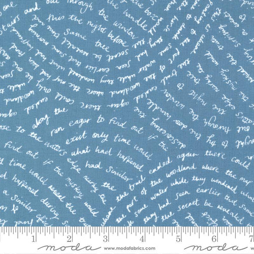 Marigold by Aneela Hoey Moda Fabrics Tales in Cornflower Blue Background text words in curved white cursive writing fable story quilt weight cotton
