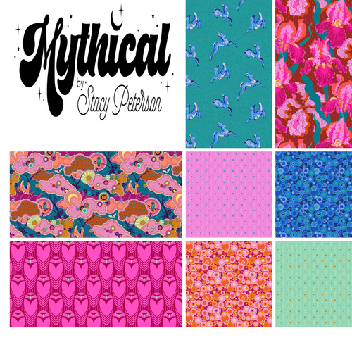 Stacy Peterson Mythical collection for Freespirit Fabrics retro vintage style deer iris geometrics owls basics coordinates magenta blue green teal gold quilt weight cotton