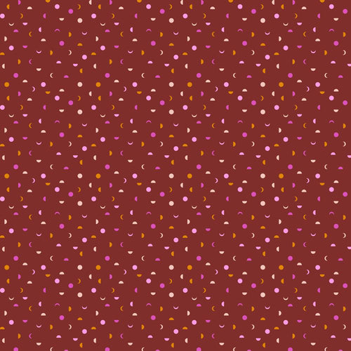 Mythical It's a Phase by Stacy Peterson Freespirit Fabrics cotton quilting fabric nutmeg background tiny scattered moons in different phases fingernail half and full  reddish brown