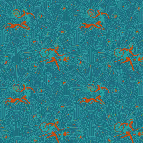 dark teal art deco inspired olympic greek powerhouse spear runner and greyhound in orange Mythical by Stacy Peterson Freespirit Fabrics cotton quilting fabric