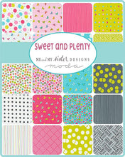 Load image into Gallery viewer, Sweet and PLenty Fat quarter Bundle by Me and My Sisters Designs quilt weight cotton 34 prints colorful basics bright blue pink yellow orange black chickens bubbles squiggles and lines 
