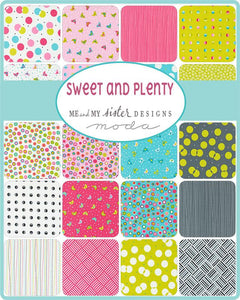 Sweet and PLenty 5" Charm Pack Bundle by Me and My Sisters Designs quilt weight cotton 34 prints colorful basics bright blue pink yellow orange black bubbles squiggles and lines 