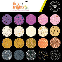 Load image into Gallery viewer, Ruby Star Society Tiny Frights Halloween collection Moda Fabrics purple gold pink black gray birds candy trees spooky cotton 5&quot; charm pack
