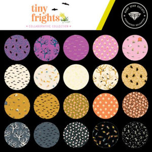 Ruby Star Society Tiny Frights Halloween collection Moda Fabrics purple gold pink black gray birds candy trees spooky cotton 5" charm pack