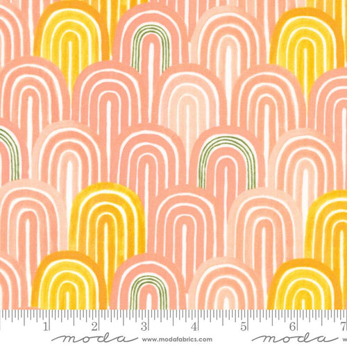 Willow Ambrose Lagoon by 1 Canoe 2 for Moda cotton quilt fabric garments bags peach and gold rainbow arches clustered 