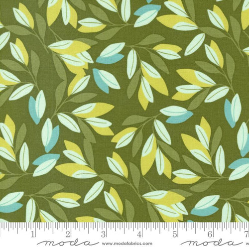 Willow Ambrose Lagoon by 1 Canoe 2 for Moda cotton quilt fabric garments bags sage green background  leaves in various shades of green and aqua