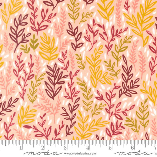 Willow Ambrose Lagoon by 1 Canoe 2 for Moda cotton quilt fabric garments bags peach background stems of leaves in green gold burgandy