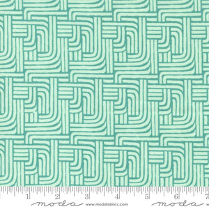 Willow Ambrose Lagoon by 1 Canoe 2 for Moda cotton quilt fabric garments bags dark teal background with cream whiwte lines in geometric shapes