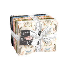 Load image into Gallery viewer, Woodland Wonder fat quarter bundle by Gingiber MOda Fabrics forest creatures owls bears foxes butterflies flowers soft greens cream blue moons stars black peach pink cotton quilt weight fabric quilting bags
