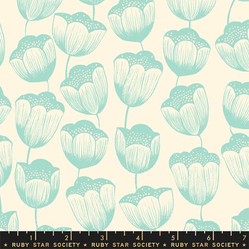 Firefly by Sarah Watts for Ruby Star Society and Moda Fabrics quilt weight novelty cotton for quilting garments bags sewing projects celicate soft gray green magic tulip flowers in rows on buttercream cream white background