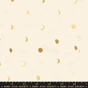Firefly by Sarah Watts for Ruby Star Society and Moda Fabrics quilt weight novelty cotton for quilting garments bags sewing projects Buttercream color Metallic gold night sky moon phases and sprinkled dot stars on cream white background
