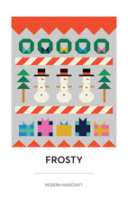 Load image into Gallery viewer, Frosty quilt pattern by Modern Handcraft row by row with Frosty the Snowman wreaths presents trees peppermint sticks large throw size for advanced beginner pieced blocks bright holiday colors