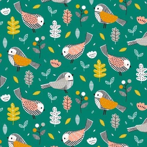 Dashwood Studios Wendy Kendall Acorn Wood cotton quilt garment fabric material  birds forest green yellow pink black and white outline sparrow 