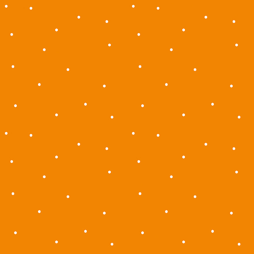 Hexie Sprinkle on Orange from the Imagine fabric collection by Quiet Play Kristy Lea for Riley Blakes Designs scattered tiny white hexie hexy geometric shapes on a citrus orange background  high quality material for quilts garments bags and other sewing projects