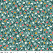 Load image into Gallery viewer, This floral fabric is in the Fairy Dust collection by Ashely Collett Design for Riley Blake Designs features tulips in a variety of colors on a green background.