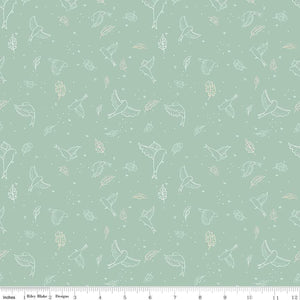 Wild and Free by Gracey Larson for Riley Blake Designs  quilt weight cotton fabric for quilting sewing garments bags soft sage green background with white cream outlines of birds in flight and drifting leaves low volume basic