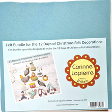 Load image into Gallery viewer, Corinne LaPierre Felt Bundle for the 12 Days of Christmas Felt Decoration from her book of felt ornaments 25 sheets of mixed wool and viscose felt in an array of colors for embroidery crafts