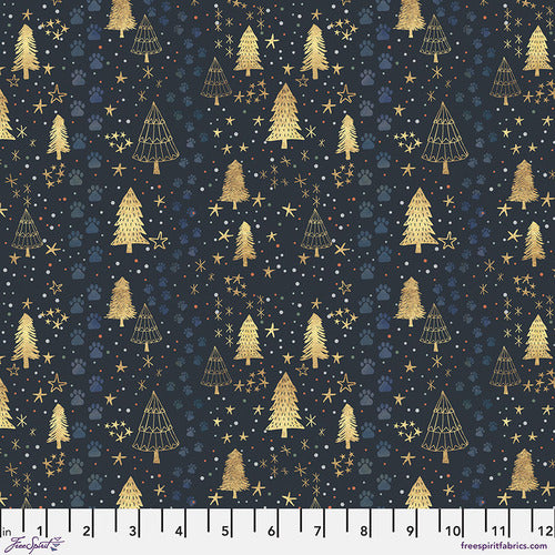 Christmas Squad collection Winter Warmth in Navy by Mia Charro for Freespirit Fabrics navy background with small gold stars and different sized forest Christmas trees in gold and tone on tone paw printshigh quality cotton for quilts stockings tree skirt pillowcase reusable gift bag material