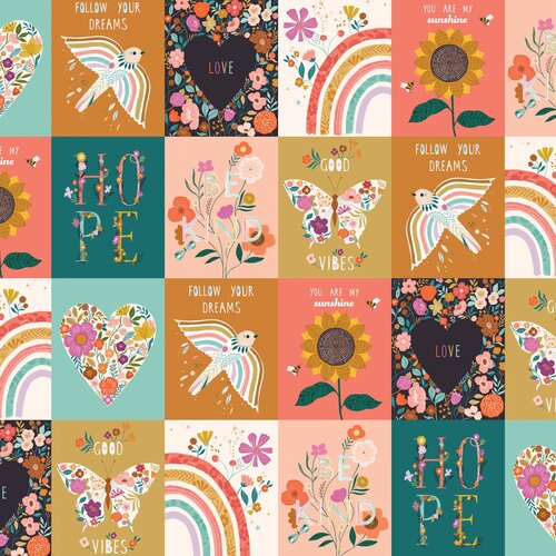 Good Vibes Bethan Janine Dashwood Fabrics Be Kind Hope Love You are my sunshine follow your dreams butterfly bird rainbow flowers floral green teal yellow pink 