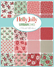 Load image into Gallery viewer, Holly Jolly collection by Urban Chiks for Moda fabrics retro style Santa holly bows and baughs ornaments candy canes mistletoe poinsettia strips dots red pink sage green fat quarter bundle material for quilts bags stockings tree skirt
