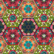 Load image into Gallery viewer, Small Round in Multi from Land Art 2 by Odile Bailloeul for Freespirit Fabrics large hexi hexy shapes in multi-colored red orange green and aqua with flowers foliage birds butterflies roses birdnests high quality cotton quilt fabric for graments clothing bags quilts bags and sewing projects
