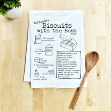 Load image into Gallery viewer, Moonlight Makers Biscuits with the Boss Ted Lasso Dish Towel Flour Sack Recipe Gift Kitchen
