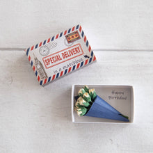Load image into Gallery viewer, Marvling Bros Brothers Special Delivery Bouquet in a Matchbox Happy Birthday gift greeting made in England UK
