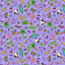 Load image into Gallery viewer, Mulga Free Spirit street artist fabric Summer Loving Lavender purple high top sneaker anchor roller skate palm tree surf board popsicle ice cream fussy cut quilt bag garment sewing material