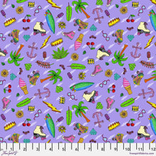 Load image into Gallery viewer, Mulga Free Spirit street artist fabric Summer Loving Lavender purple high top sneaker anchor roller skate palm tree surf board popsicle ice cream fussy cut quilt bag garment sewing material