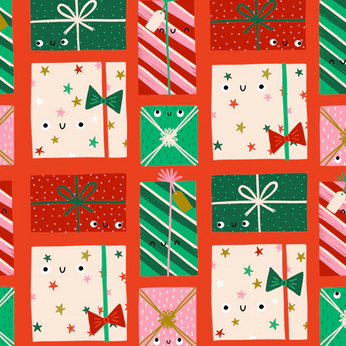 Oh What Fun Novelty Christmas Fabric from Dashwood Studios red background with green red and pink stripes and stars gift boxes packages presents with bows and silly eyes and face fun for kids high quality cotton for stockings quilts reusable gift bags tree skirts napkins pillowcases 
