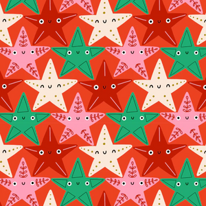 Oh What Fun Novelty Christmas Fabric from Dashwood Studios red background with green red and pink stars with silly eyes and face fun for kids high quality cotton for stockings quilts reusable gift bags tree skirts napkins pillowcases 