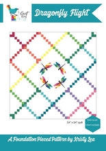 Load image into Gallery viewer, Dragonfly Flight Quilt Pattern by Kristy Lea aka Quiet Play modern Irish chain variation with a circle of geometric rainbow dragonflies in the center skill level intermediate