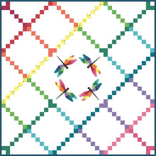 Load image into Gallery viewer, Dragonfly Flight Quilt Pattern by Kristy Lea aka Quiet Play modern Irish chain variation with a circle of geometric rainbow dragonflies in the center skill level intermediate