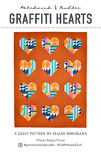 Load image into Gallery viewer, Patchwork & Poodles Graffiti Hearts Pattern Beginner pillow baby throw quilt traditional piecing modern look Eliane Bergmann Improv flying geese half square triangle chain piecing