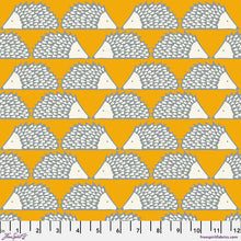 Load image into Gallery viewer, Adorable monochromatic gray hedgehogs sit nose to nose on a bright mustard yellow background Spike from Poppy Pop by Scion for Freespirit Fabrics golden yellow background with Scandinavian style gold in rows high quality quilt weight cotton for quilting garments clothing sewing projects bags material
