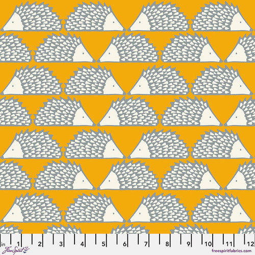 Adorable monochromatic gray hedgehogs sit nose to nose on a bright mustard yellow background Spike from Poppy Pop by Scion for Freespirit Fabrics golden yellow background with Scandinavian style gold in rows high quality quilt weight cotton for quilting garments clothing sewing projects bags material