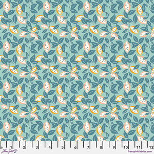 Orange and green leaf shaped botanicals on a light green background Mr. Big Fox from Poppy Pop by Scion for Freespirit Fabrics Teal background with Scandinavian style lemon tree high quality quilt weight cotton for quilting garments clothing sewing projects bags material