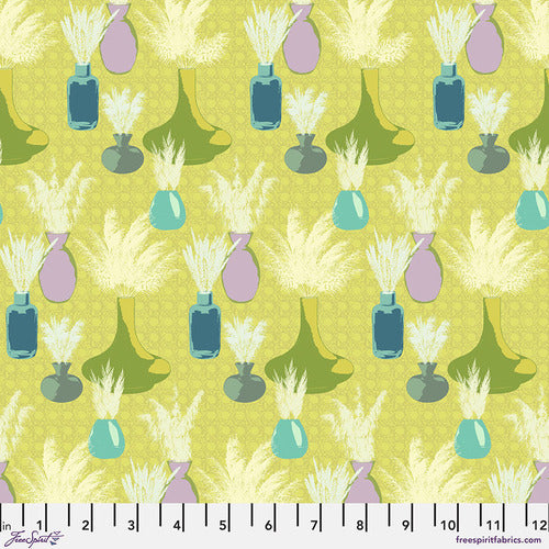 Pampas in Cool from Boho Cloth by Sew Kind of Wonderful for Freespirit Fabrics soft lemon lime yellow green background avocado green aqua lavender and turquoise 60's style vases in different sizes with Pampas grass  high quality cotton quilt fabric for clothing garments quilts bags and sewing projects