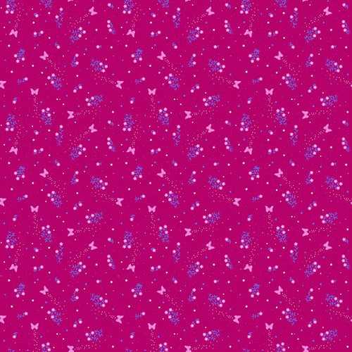 Belle Epoque by Stacy Peterson for Freespirit Fabrics Alight Raspberry tiny pink butterfliees on a deep raspberry backtround with purple and white butterfly trails high quality quilt cotton for quilts garments sewing projects bags